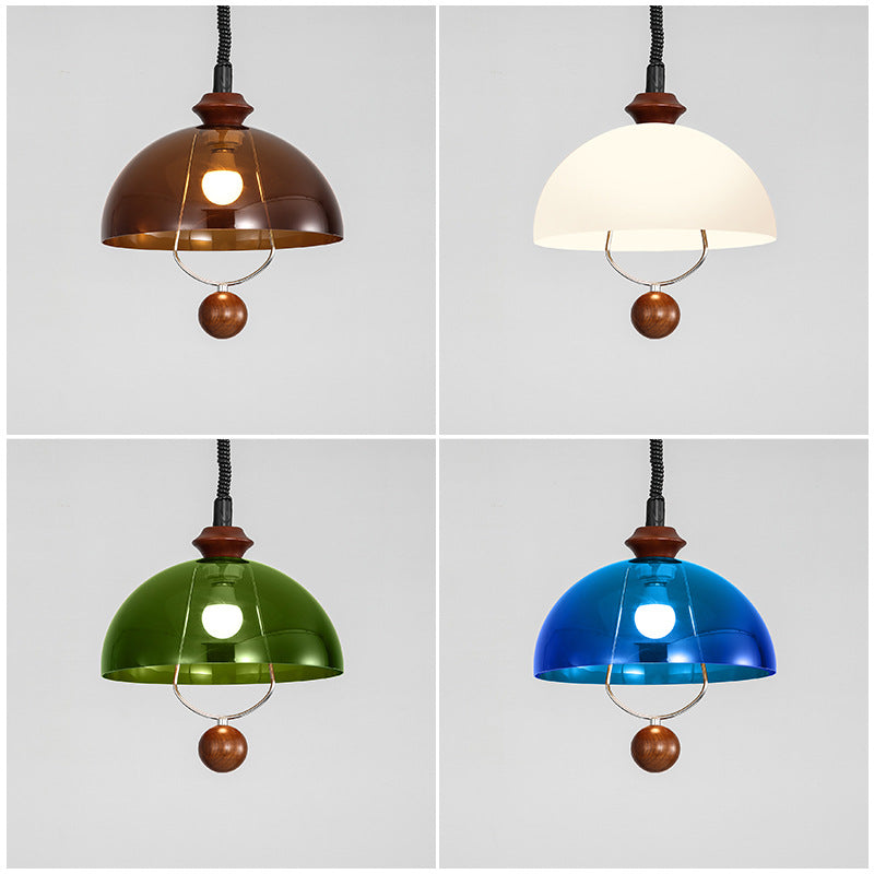Traditional Vintage Dome Liftable Iron Acrylic Wood 1-Light Pendant Light For Dining Room