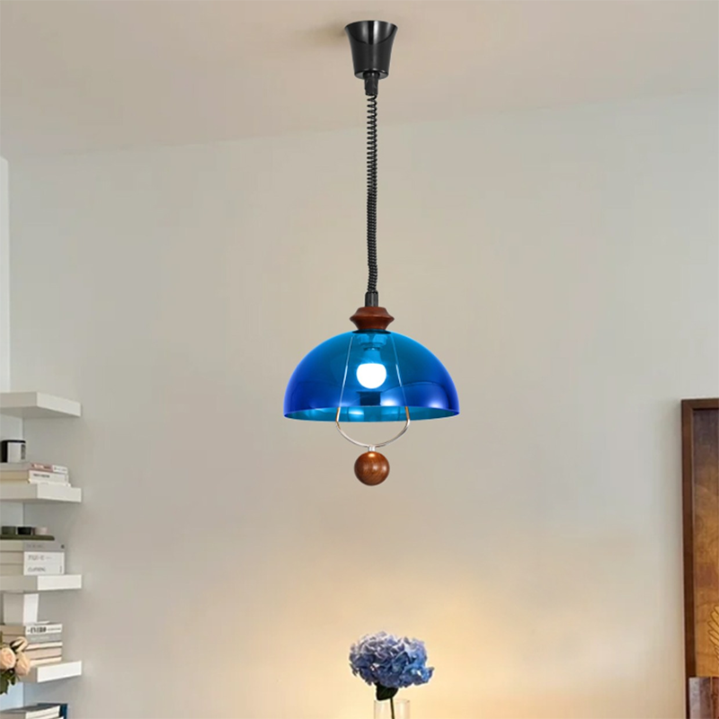 Traditional Vintage Dome Liftable Iron Acrylic Wood 1-Light Pendant Light For Dining Room