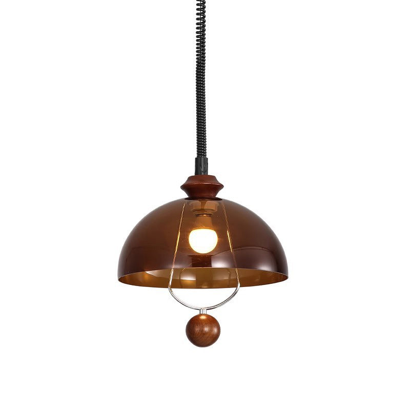 Traditional Vintage Dome Liftable Iron Acrylic Wood 1-Light Pendant Light For Dining Room