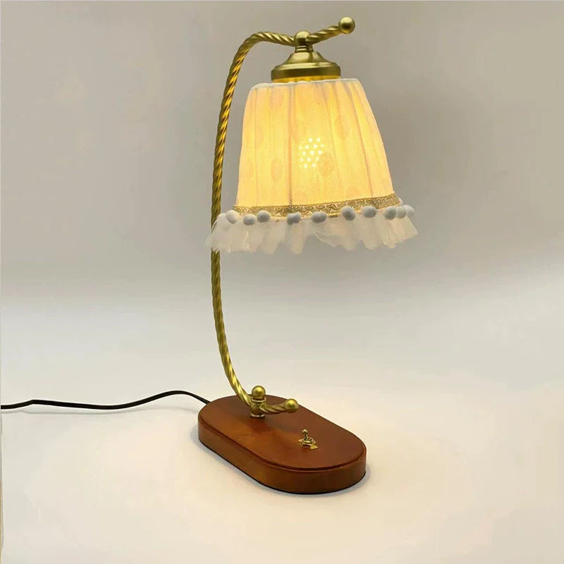 Traditional French Fabric Metal Wood Lace Conic 1-Light Table Lamp For Bedside