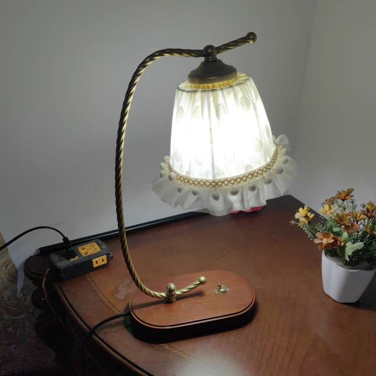 Traditional French Fabric Metal Wood Lace Conic 1-Light Table Lamp For Bedside