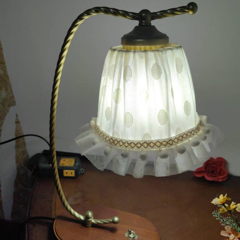 Traditional French Fabric Metal Wood Lace Conic 1-Light Table Lamp For Bedside