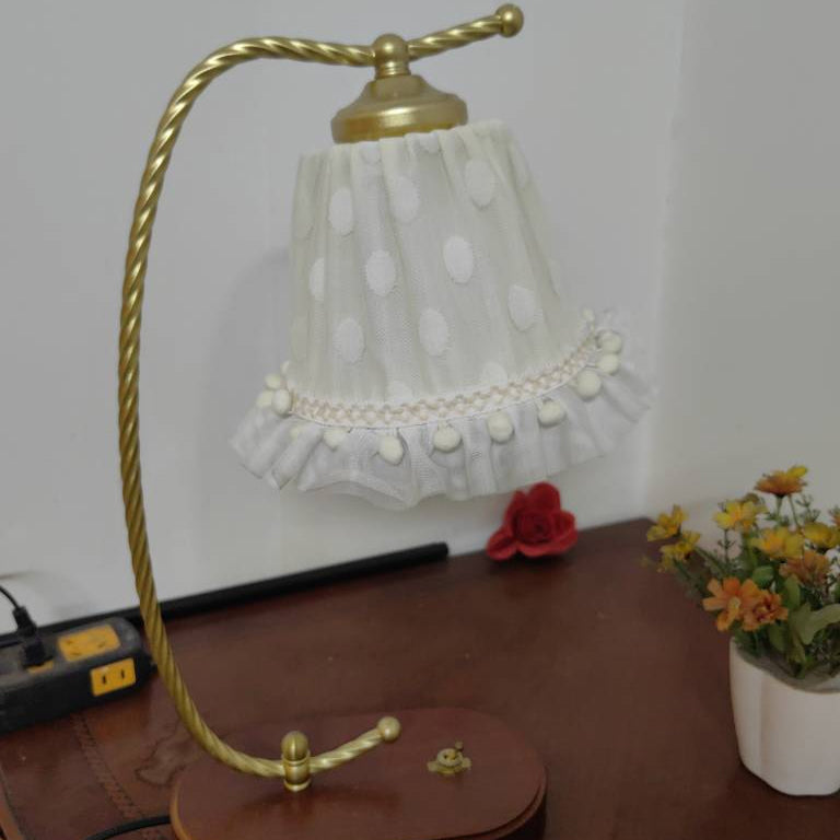 Traditional French Fabric Metal Wood Lace Conic 1-Light Table Lamp For Bedside