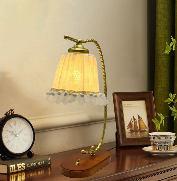 Traditional French Fabric Metal Wood Lace Conic 1-Light Table Lamp For Bedside