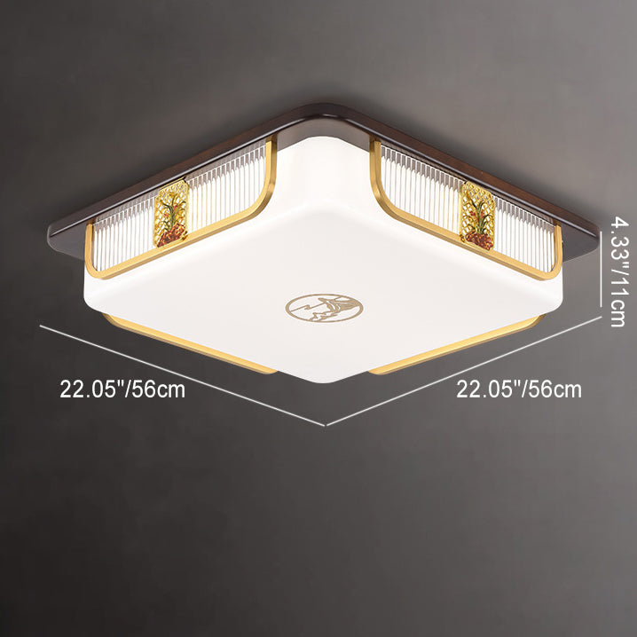Traditional Chinese Sandalwood Hardware Stainless Steel Acrylic Rectangular Square Round Cymbidium LED Flush Mount Ceiling Light For Living Room