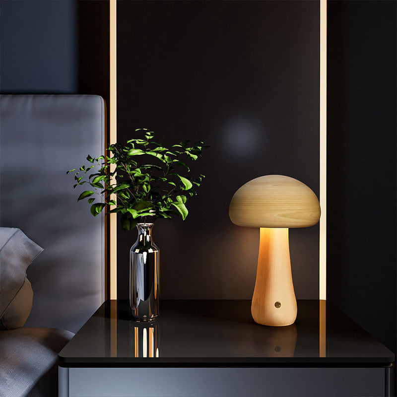 Contemporary Scandinavian Rechargeable Solid Wood Mushroom LED Table Lamp Night Light For Bedside