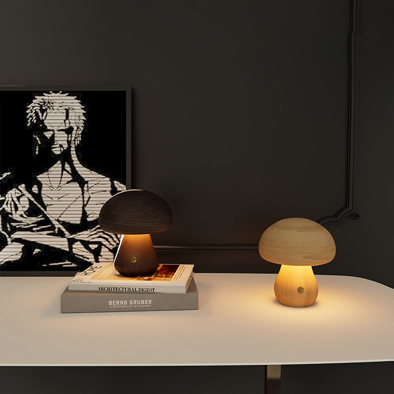Contemporary Scandinavian Rechargeable Solid Wood Mushroom LED Table Lamp Night Light For Bedside