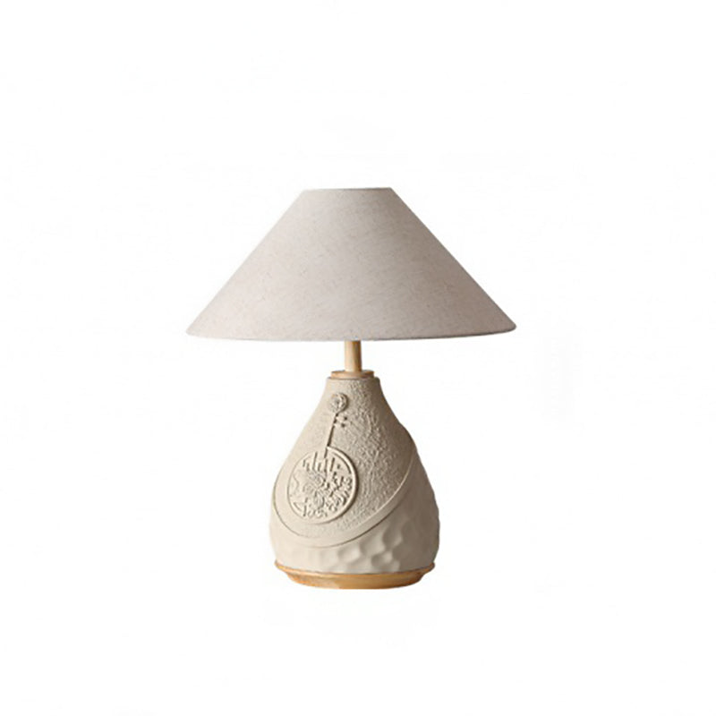Traditional Vintage Cement Fabric Conic Flower Carved Pot 1-Light Table Lamp For Bedside
