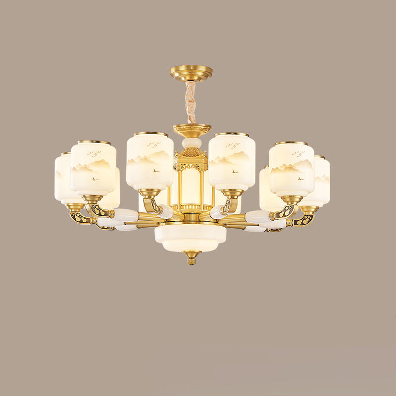 Traditional Chinese Copper Jade Glass Cylinder Temple Landscape Carving 6/8/10/12/15/18 Light Chandeliers For Living Room
