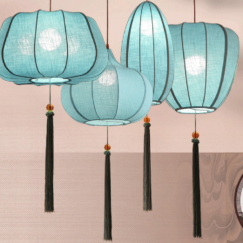 Traditional Chinese Iron Fabric Elliptical Cylinder Lantern Tassel Shaped 1/3 Light Chandeliers For Dining Room