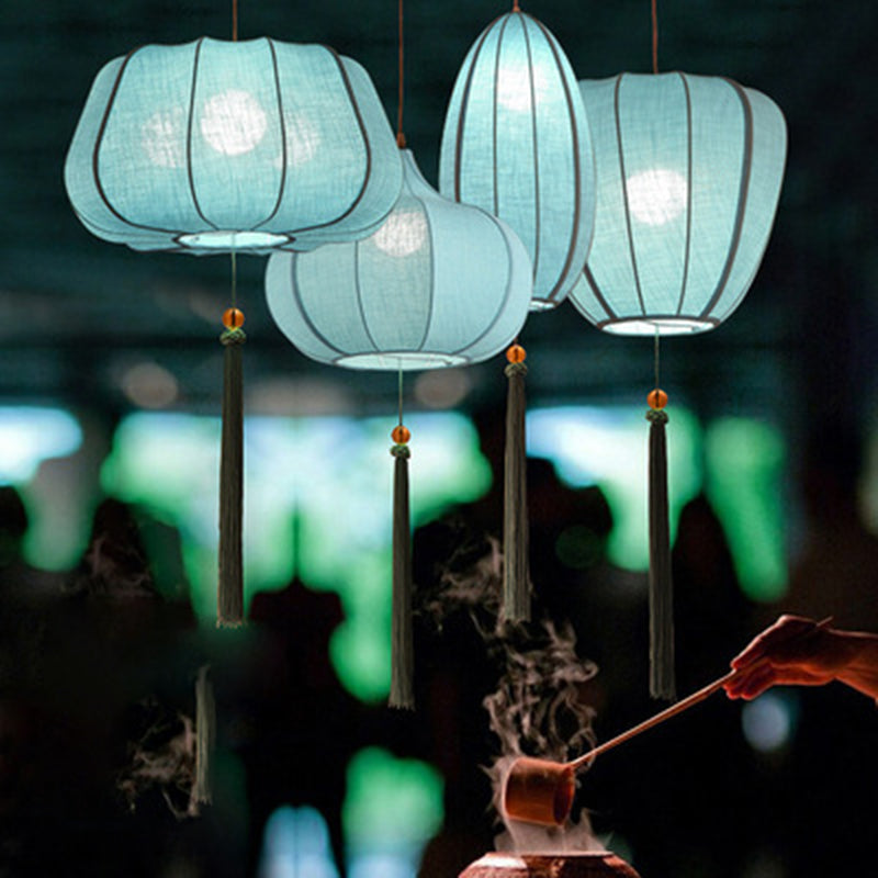 Traditional Chinese Iron Fabric Elliptical Cylinder Lantern Tassel Shaped 1/3 Light Chandeliers For Dining Room