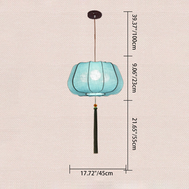 Traditional Chinese Iron Fabric Elliptical Cylinder Lantern Tassel Shaped 1/3 Light Chandeliers For Dining Room