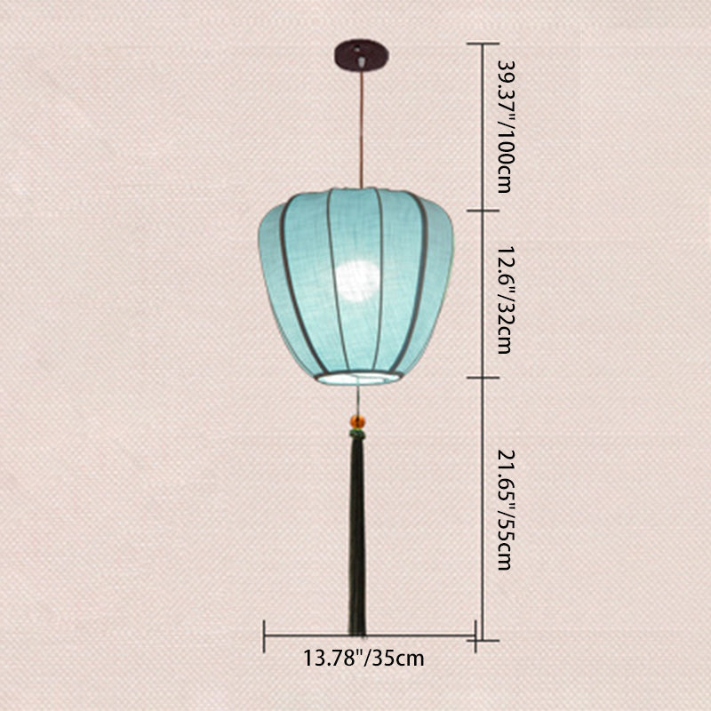 Traditional Chinese Iron Fabric Elliptical Cylinder Lantern Tassel Shaped 1/3 Light Chandeliers For Dining Room