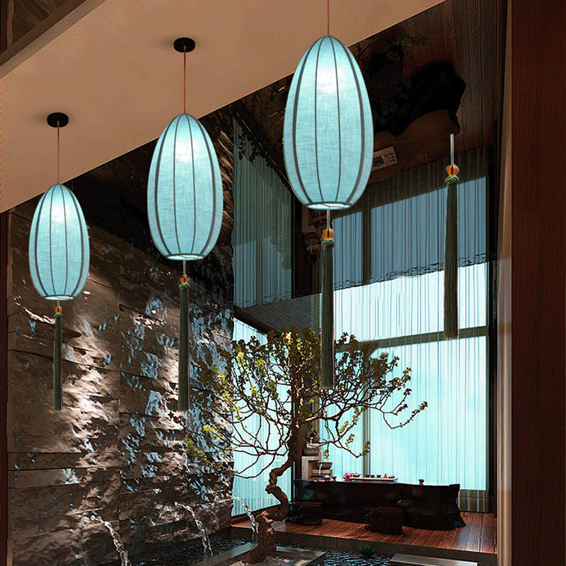 Traditional Chinese Iron Fabric Elliptical Cylinder Lantern Tassel Shaped 1/3 Light Chandeliers For Dining Room