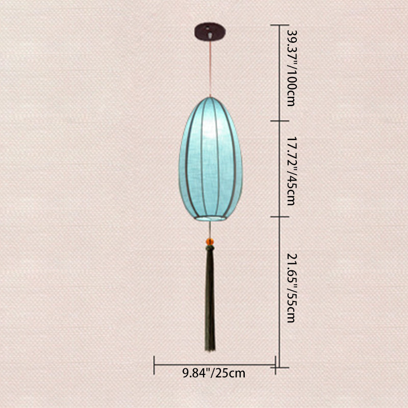 Traditional Chinese Iron Fabric Elliptical Cylinder Lantern Tassel Shaped 1/3 Light Chandeliers For Dining Room