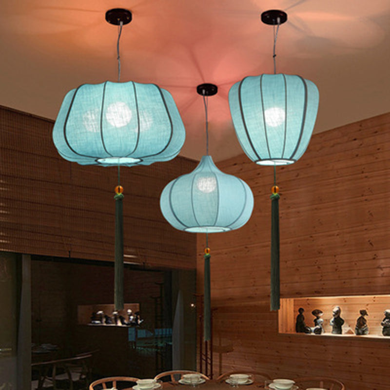 Traditional Chinese Iron Fabric Elliptical Cylinder Lantern Tassel Shaped 1/3 Light Chandeliers For Dining Room