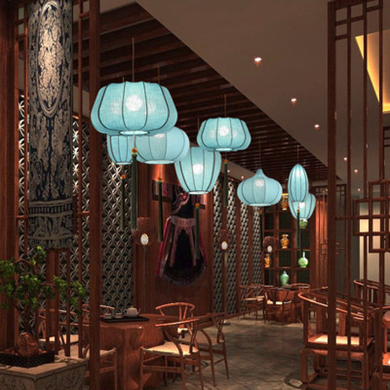 Traditional Chinese Iron Fabric Elliptical Cylinder Lantern Tassel Shaped 1/3 Light Chandeliers For Dining Room