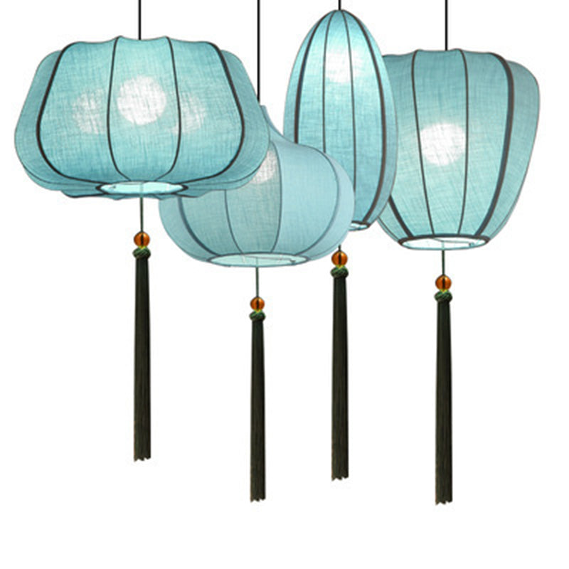 Traditional Chinese Iron Fabric Elliptical Cylinder Lantern Tassel Shaped 1/3 Light Chandeliers For Dining Room