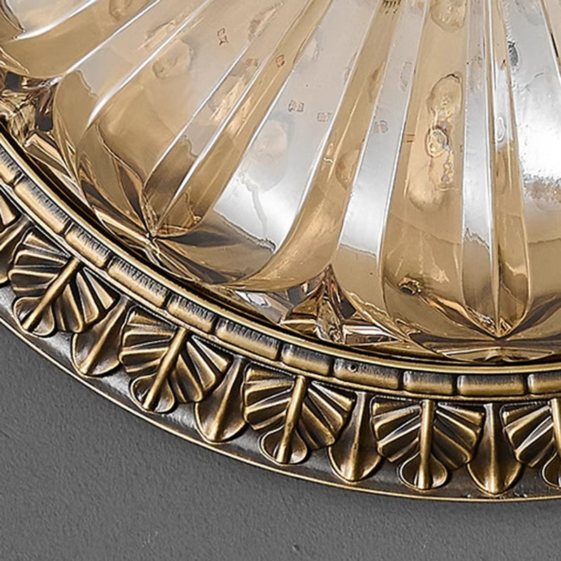 Traditional European Copper Glass Round Relief Sculpture LED Flush Mount Ceiling Light For Bedroom