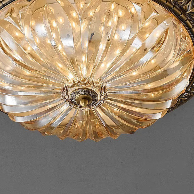Traditional European Copper Glass Round Relief Sculpture LED Chandeliers For Bedroom