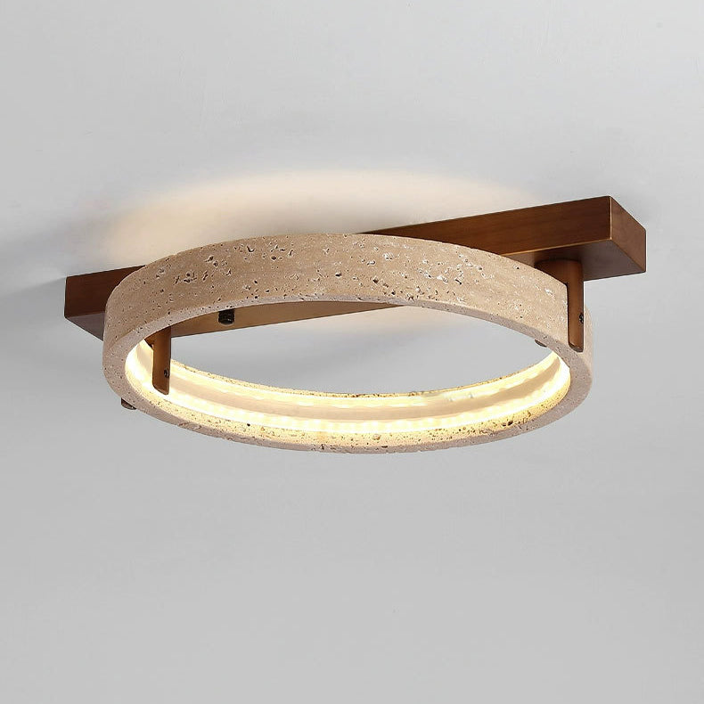Contemporary Nordic Travertine Walnut Circle Rectangular Base LED Semi-Flush Mount Ceiling Light For Bedroom