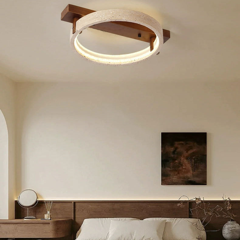 Contemporary Nordic Travertine Walnut Circle Rectangular Base LED Semi-Flush Mount Ceiling Light For Bedroom