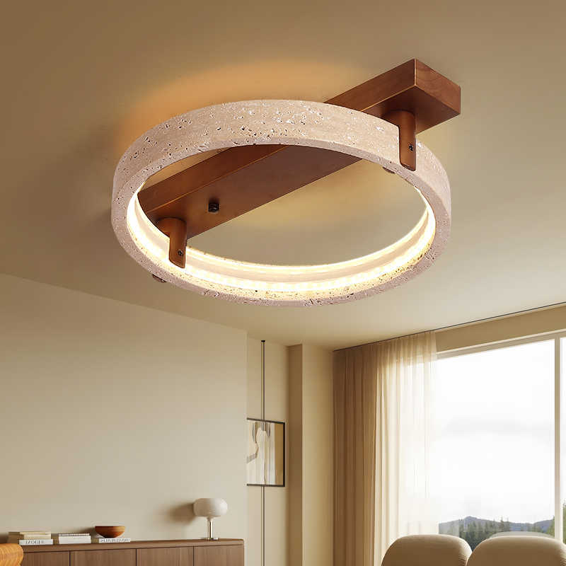 Contemporary Nordic Travertine Walnut Circle Rectangular Base LED Semi-Flush Mount Ceiling Light For Bedroom