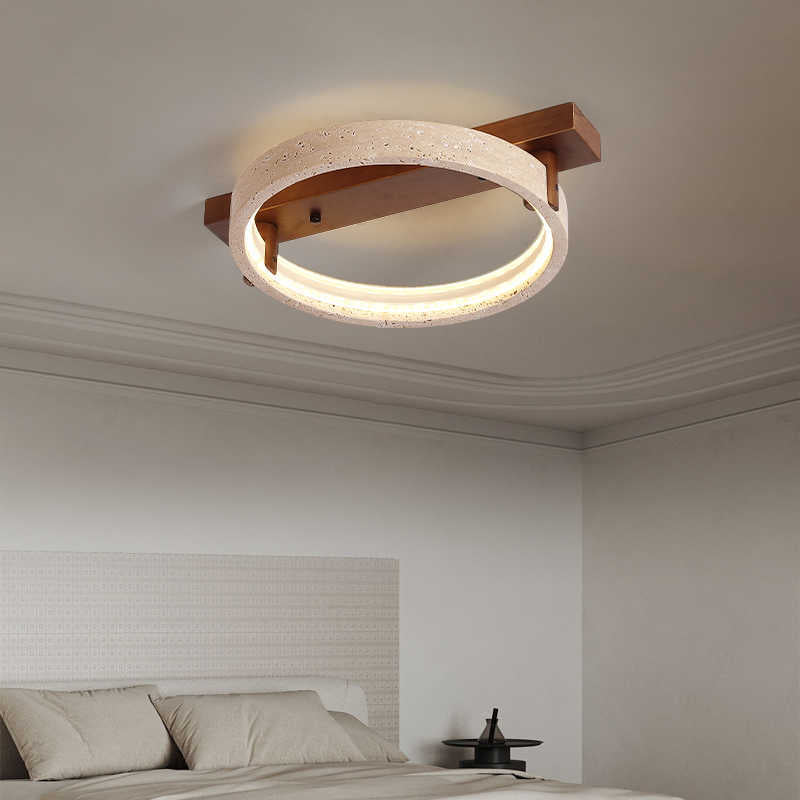 Contemporary Nordic Travertine Walnut Circle Rectangular Base LED Semi-Flush Mount Ceiling Light For Bedroom