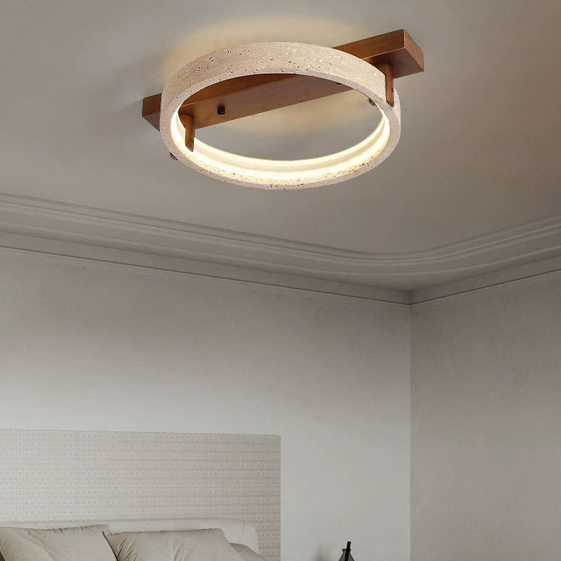 Contemporary Nordic Travertine Walnut Circle Rectangular Base LED Semi-Flush Mount Ceiling Light For Bedroom