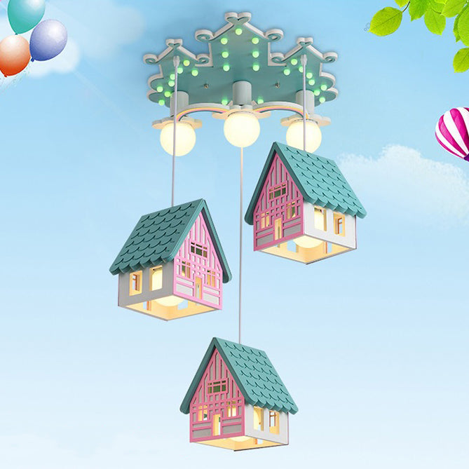 Contemporary Creative Kids Wood House 6-Light Chandeliers For Bedroom