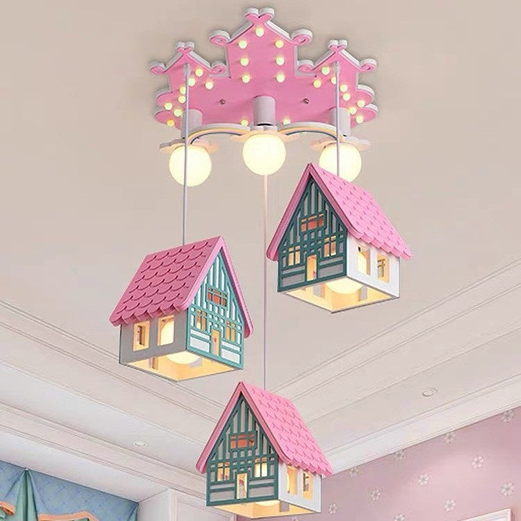 Contemporary Creative Kids Wood House 6-Light Chandeliers For Bedroom