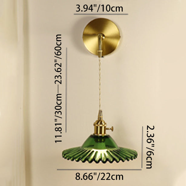 Contemporary Retro Rechargeable Brass Glass Scalloped Skirt 1-Light Wall Sconce Lamp For Bedside
