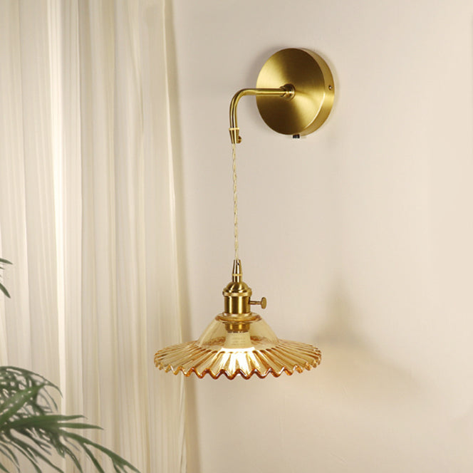 Contemporary Retro Rechargeable Brass Glass Scalloped Skirt 1-Light Wall Sconce Lamp For Bedside