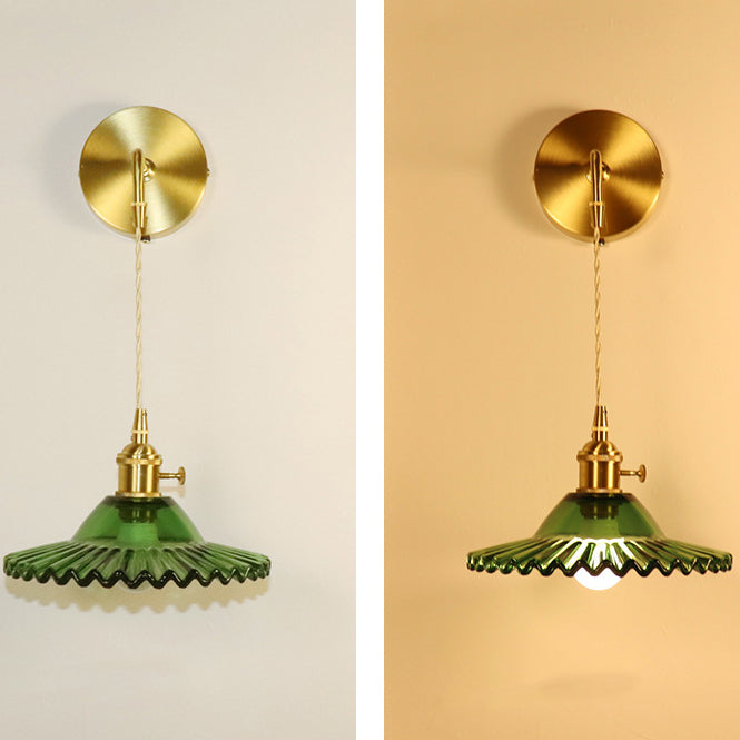 Contemporary Retro Rechargeable Brass Glass Scalloped Skirt 1-Light Wall Sconce Lamp For Bedside