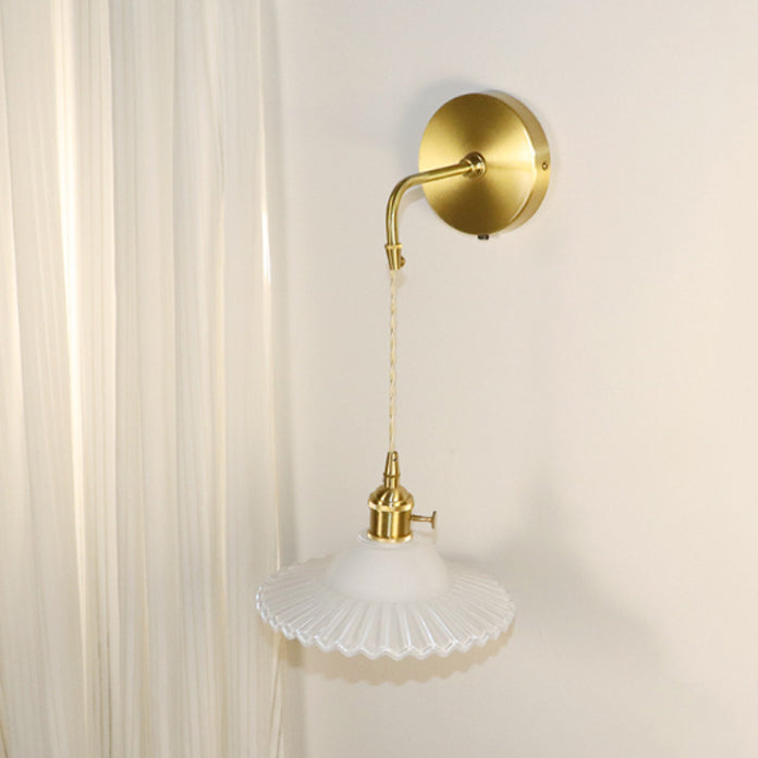 Contemporary Retro Rechargeable Brass Glass Scalloped Skirt 1-Light Wall Sconce Lamp For Bedside
