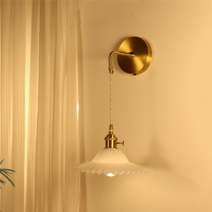 Contemporary Retro Rechargeable Brass Glass Scalloped Skirt 1-Light Wall Sconce Lamp For Bedside