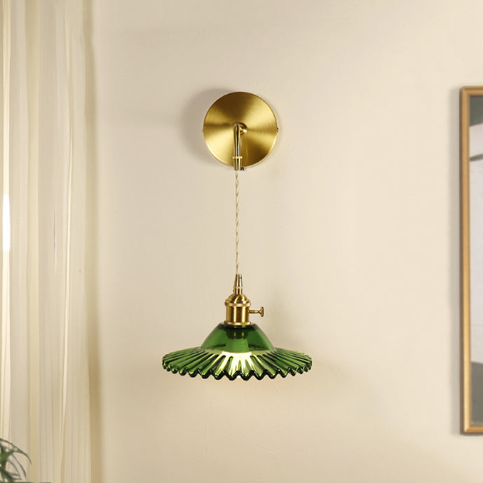 Contemporary Retro Rechargeable Brass Glass Scalloped Skirt 1-Light Wall Sconce Lamp For Bedside