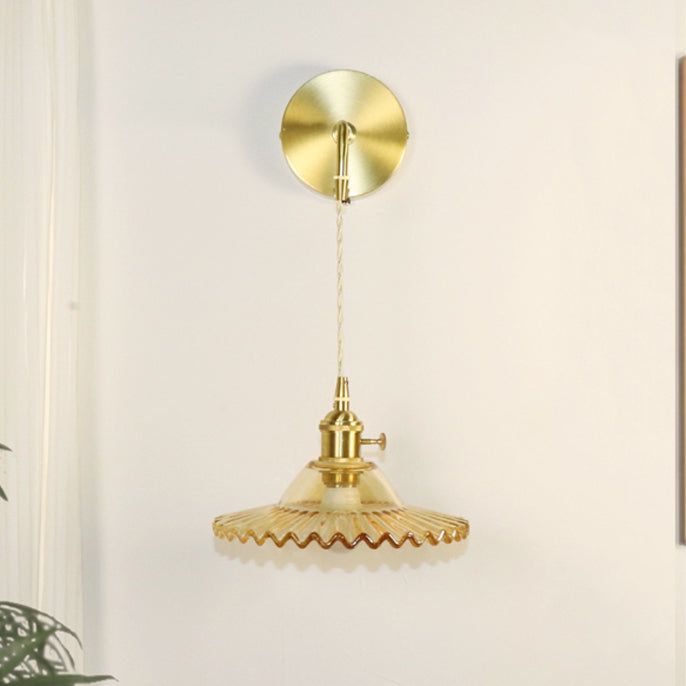 Contemporary Retro Rechargeable Brass Glass Scalloped Skirt 1-Light Wall Sconce Lamp For Bedside