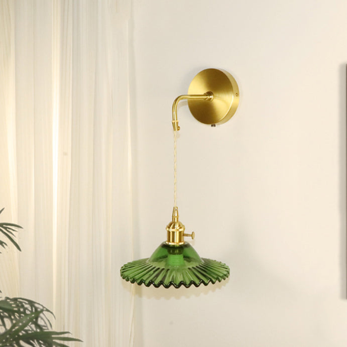 Contemporary Retro Rechargeable Brass Glass Scalloped Skirt 1-Light Wall Sconce Lamp For Bedside