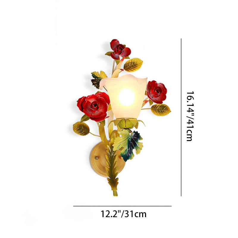 Traditional Farmhouse Iron Glass Rose Floral Bell 1/2 Light Wall Sconce Lamp For Hallway