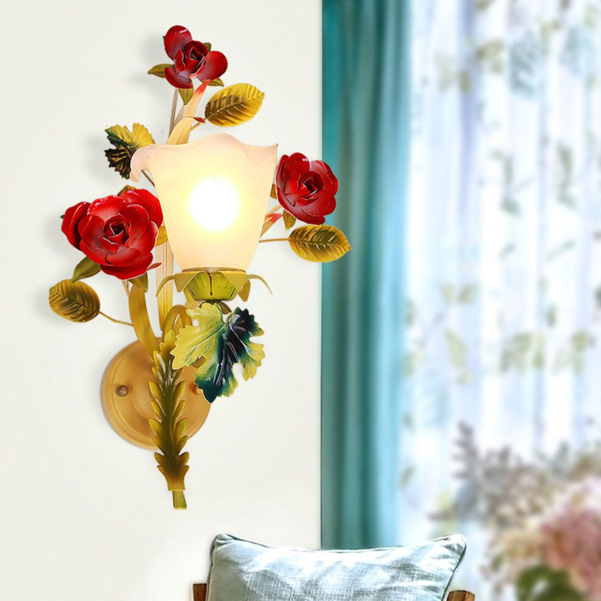 Traditional Farmhouse Iron Glass Rose Floral Bell 1/2 Light Wall Sconce Lamp For Hallway