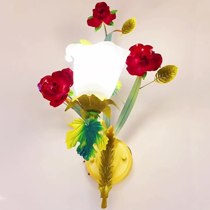 Traditional Farmhouse Iron Glass Rose Floral Bell 1/2 Light Wall Sconce Lamp For Hallway