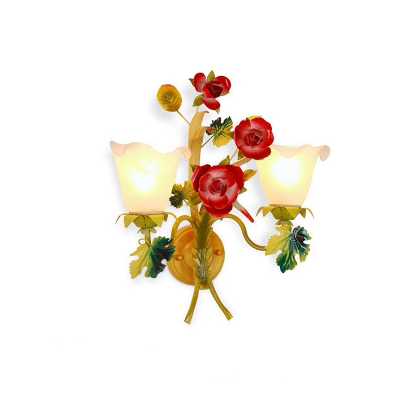 Traditional Farmhouse Iron Glass Rose Floral Bell 1/2 Light Wall Sconce Lamp For Hallway