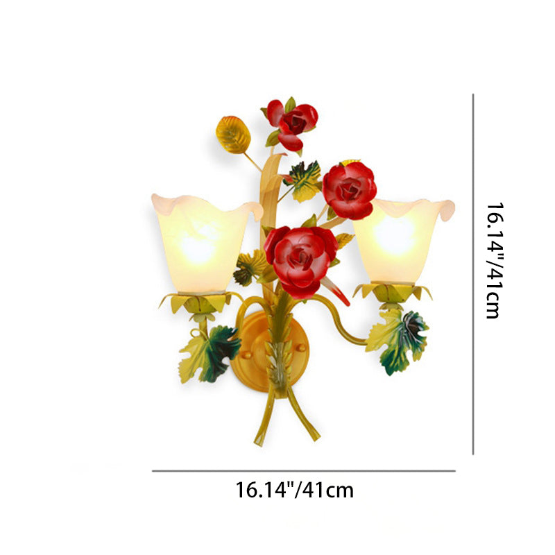 Traditional Farmhouse Iron Glass Rose Floral Bell 1/2 Light Wall Sconce Lamp For Hallway