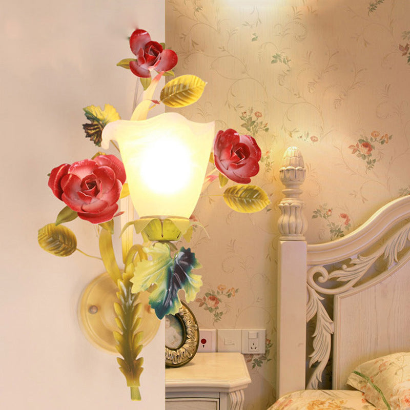 Traditional Farmhouse Iron Glass Rose Floral Bell 1/2 Light Wall Sconce Lamp For Hallway