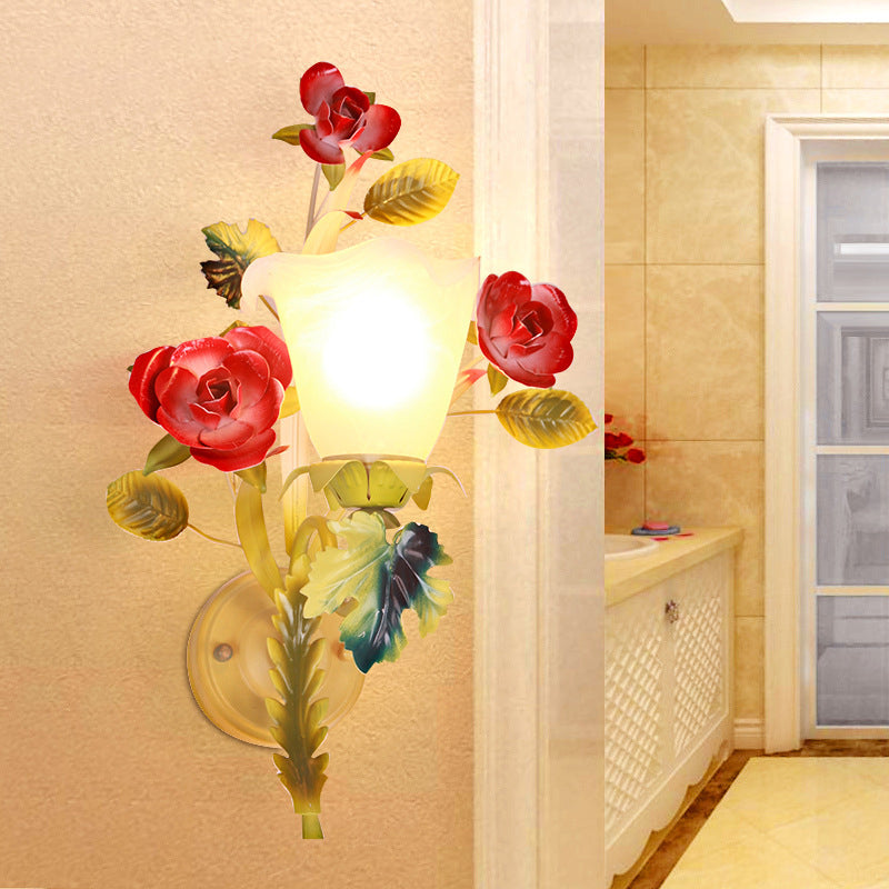 Traditional Farmhouse Iron Glass Rose Floral Bell 1/2 Light Wall Sconce Lamp For Hallway