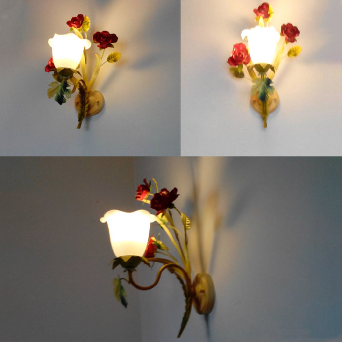 Traditional Farmhouse Iron Glass Rose Floral Bell 1/2 Light Wall Sconce Lamp For Hallway