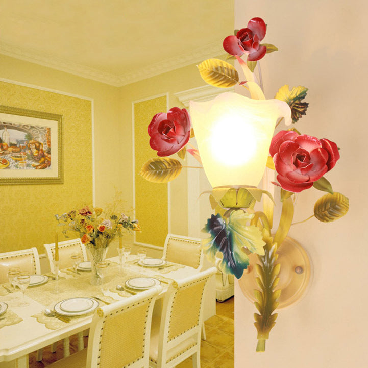 Traditional Farmhouse Iron Glass Rose Floral Bell 1/2 Light Wall Sconce Lamp For Hallway