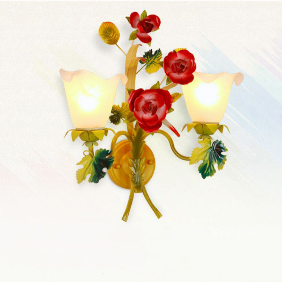 Traditional Farmhouse Iron Glass Rose Floral Bell 1/2 Light Wall Sconce Lamp For Hallway