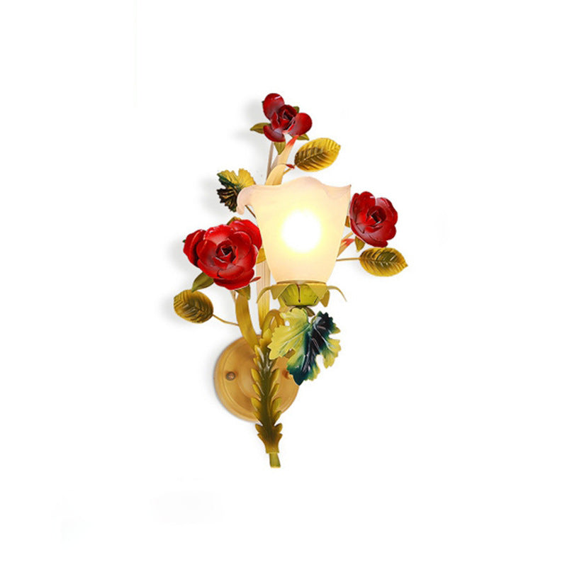Traditional Farmhouse Iron Glass Rose Floral Bell 1/2 Light Wall Sconce Lamp For Hallway